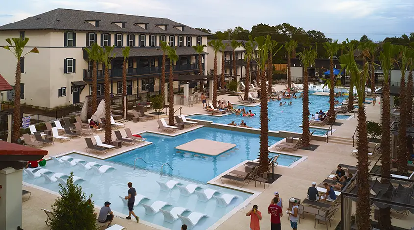 aerial view of an outdoor swimming pool